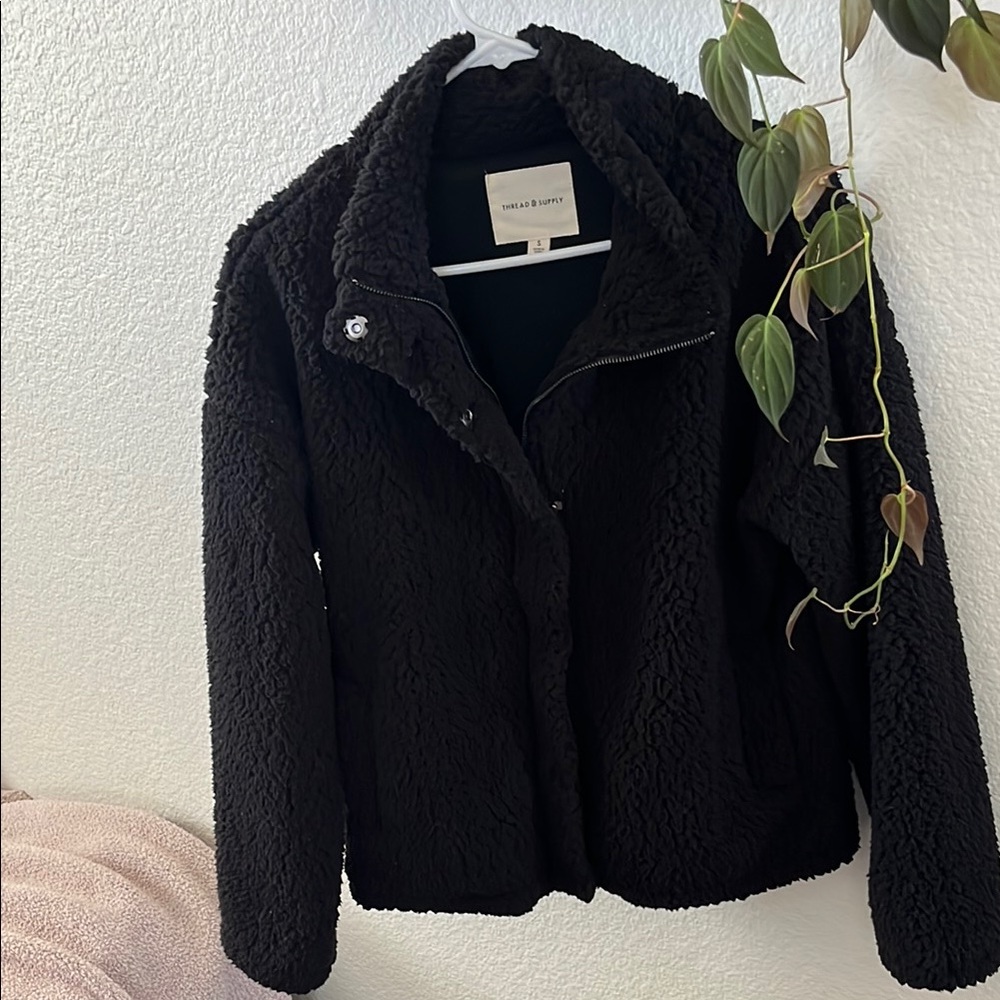 Thread & Supply Black Teddy Jacket With Textured … - image 1